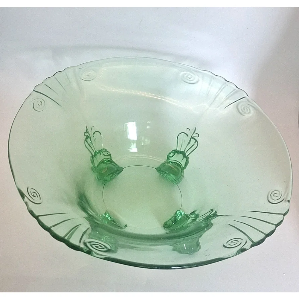 Vintage Fostoria #2470 Green Uranium Glass Four-Toed Console Bowl 11” 1930s